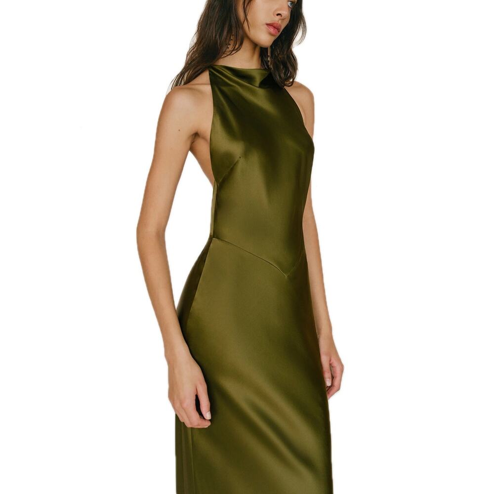Reformation Olive Green Satin Halter Maxi Dress - Picture 6 of 12